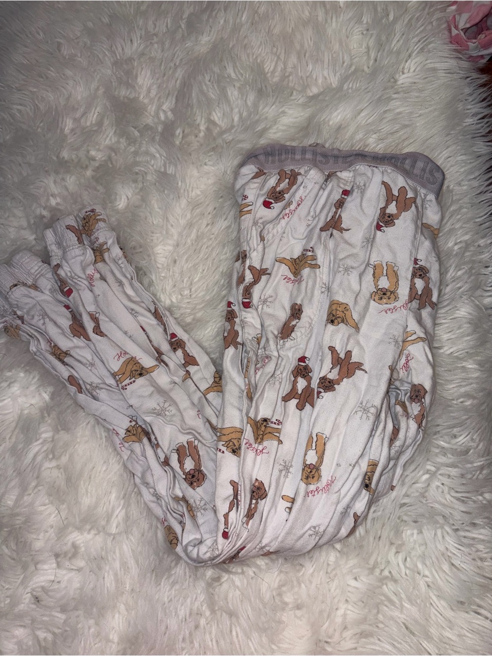 Hollister White Pajama Joggers with Brown Dog Print